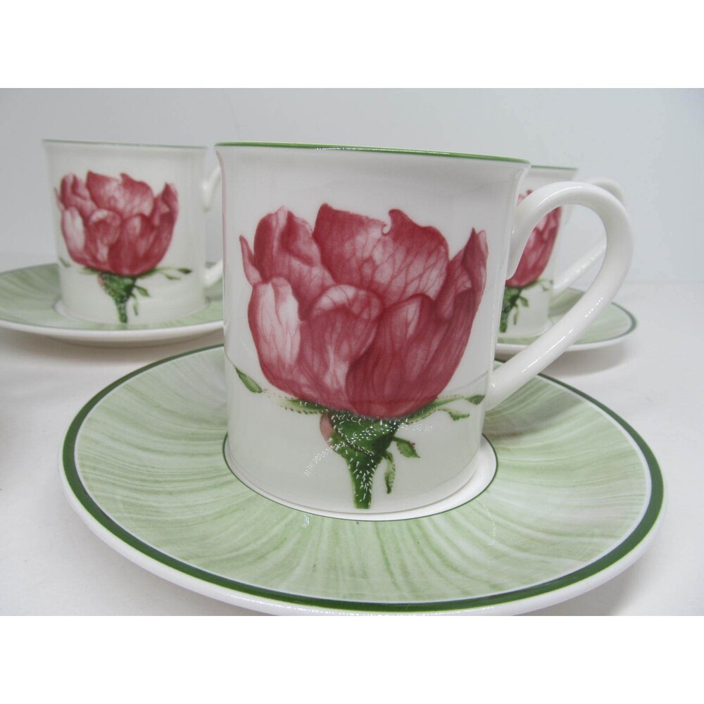 Villeroy And Boch Flora "Wild Rose" Set Of 3 Breakfast Cups With Saucers